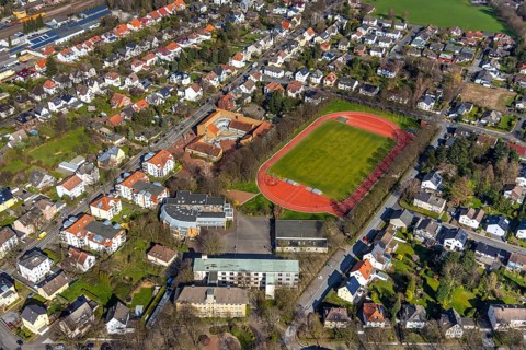 Aerial view, Peter-Weiss-Gesamtschule, old building, Herderstadion, Unna, Ruhr area, North