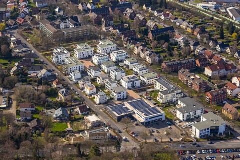 Aerial view, new development area multi-generational housing estate Mozartstraße /