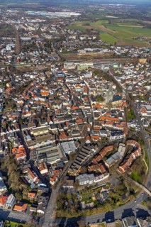 Aerial view, city view, old town, redevelopment evang. town church, church square, Unna, Ruhr area,