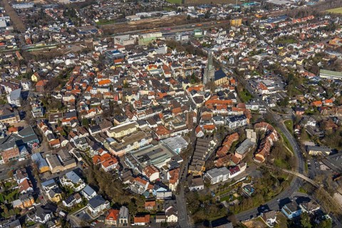 Aerial view, city view, old town, redevelopment evang. town church, church square, Unna, Ruhr area,