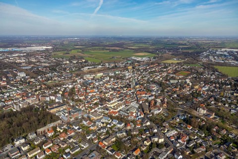 Aerial view, city view, old town, redevelopment evang. town church, church square, Unna, Ruhr area,