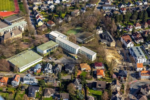 Aerial view, Peter-Weiss-Gesamtschule, old building, Unna, Ruhr area, North Rhine-Westphalia,