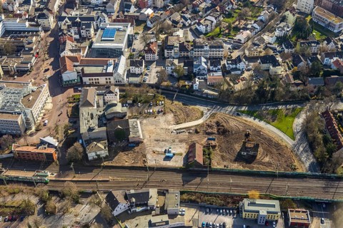 Aerial view, Mühle Bremme, construction site shopping centre, Unna, Ruhr area, North
