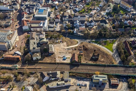 Aerial view, Mühle Bremme, construction site shopping centre, Unna, Ruhr area, North