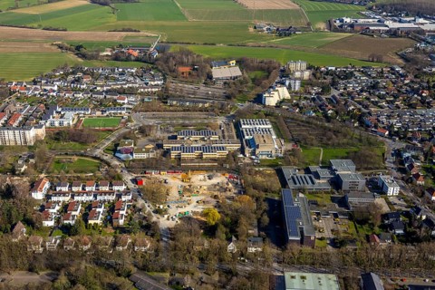 Aerial view, construction area Berliner Allee residential development, school centre north, Hansa