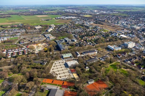 Aerial view, construction area Berliner Allee residential development, school centre north, Hansa