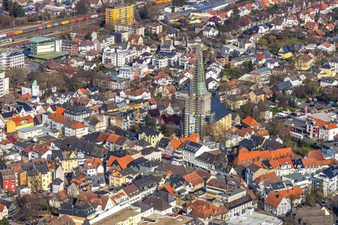 Aerial view, city view, old town, redevelopment evang. town church, church square, Unna, Ruhr area,