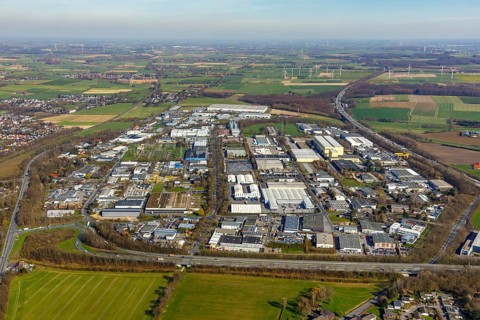 Aerial view, industrial park Unna, wind turbines, Unna, Ruhr area, North Rhine-Westphalia, Germany,