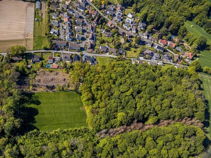 Aerial view, sports field SV Blau-Rot Billmerich e.V., forest deforestation, Unna, Ruhr area, North