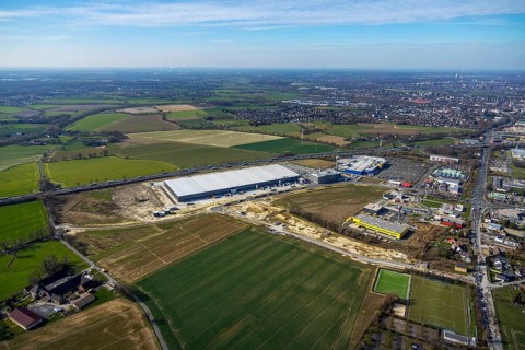 Aerial view, new Woolworth headquarters and logistics centre, commercial area Unna Kamen, Ikea,