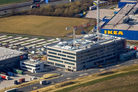 Aerial view, new Woolworth headquarters and logistics centre, Unna Kamen industrial estate, Unna,