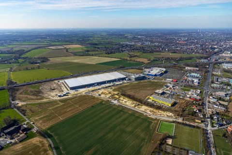 Aerial view, new Woolworth headquarters and logistics centre, commercial area Unna Kamen, Ikea,