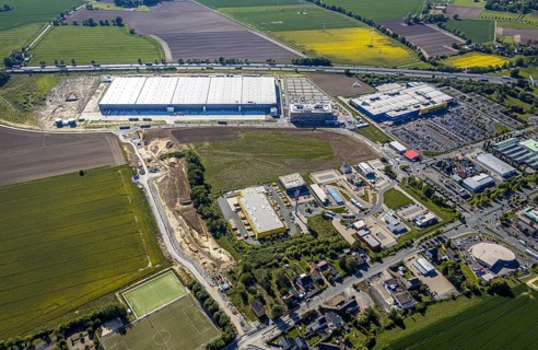 Aerial view, new Woolworth headquarters and logistics centre, commercial area Unna Kamen, Ikea