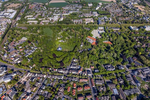 Aerial view, saltworks and spa gardens Unna, Unna, Ruhr area, North Rhine-Westphalia, Germany, DE,