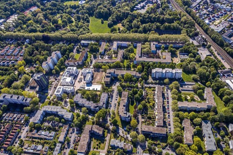 Aerial view, Quartier Soziale Stadt Königsborn Süd-Ost, Unna, Ruhr area, North Rhine-Westphalia,