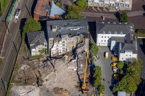 Aerial view, Bremme mill demolition for new building construction site shopping centre, Unna, Ruhr