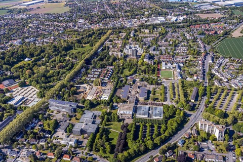 Aerial view, construction area Berliner Allee residential development, school centre north, Unna,