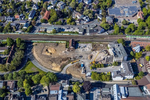 Aerial view, Bremme mill demolition for new building construction site shopping centre, Unna, Ruhr