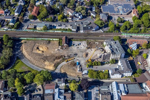 Aerial view, Bremme mill demolition for new building construction site shopping centre, Unna, Ruhr