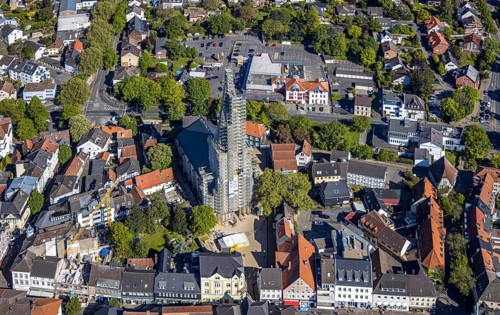 Aerial view, townscape, old town, renovation protestant town church, Unna, Ruhr area, North