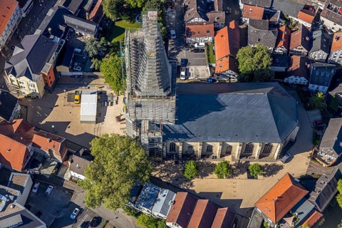 Aerial view, townscape, old town, renovation protestant town church, Unna, Ruhr area, North