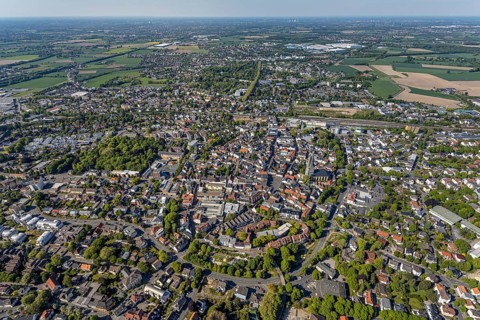 Aerial view, townscape, market place, old town, protestant town church, Unna, Ruhr area, North