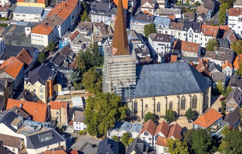 Aerial view, renovation construction site protestant town church, old town, Unna, Ruhr area, North