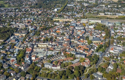 Aerial view, townscape, old town, renovation evang. City church, Unna, Ruhr area, North