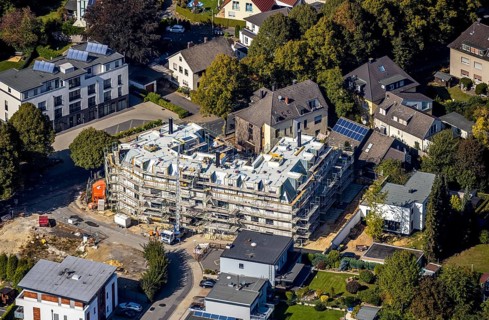 Aerial view, new construction, construction site, residential building Hertingerstraße, Hertinger