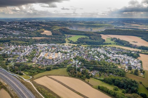 Aerial view, construction site, new building project, residential area, Obere Flandersbach, quarry