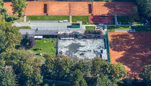 Aerial view, construction site tennis courts Tennisclub Unna 02 Grün- Weiß, fire damage, Unna, Ruhr