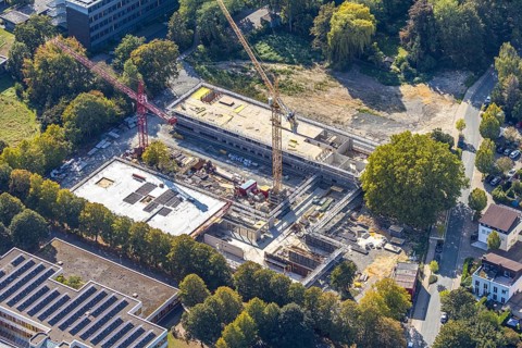 Aerial view, new construction, educational campus Unna, construction site Berliner Allee, Unna,