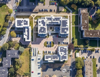 Aerial view, Parkquartier Königsborn, solar panels, photovoltaics, new construction Potsdamer