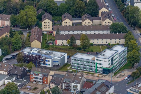 Aerial view, police station Velbert, jobcenter ME-aktiv, Velbert, Ruhr area, North