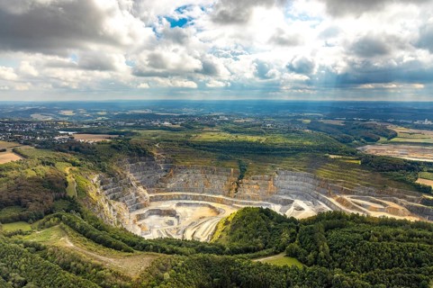 Aerial view, quarry Rützkausen, city border Velbert Wülfrath, limestone quarry, Wülfrath, Ruhr