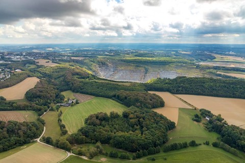 Aerial view, quarry Rützkausen, city border Velbert Wülfrath, limestone quarry, Wülfrath, Ruhr
