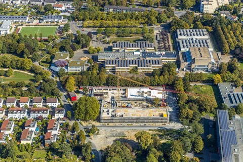 Aerial photograph, new construction, educational campus Unna, construction site Berliner Allee,