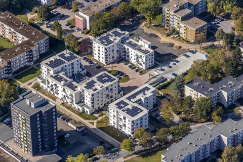 Aerial view, Parkquartier Königsborn, solar panels, photovoltaics, new construction Potsdamer