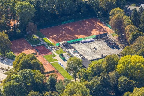 Aerial view, construction site tennis courts Tennisclub Unna 02 Grün- Weiß, fire damage, Unna, Ruhr