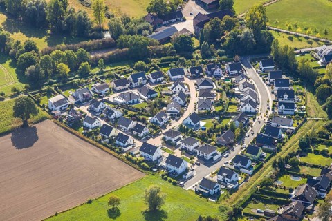 Aerial view, residential area Langes Kamp, Am Dorfkamp, Unna, Ruhr area, North Rhine-Westphalia,