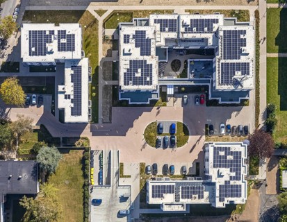 Aerial view, Parkquartier Königsborn, solar panels, photovoltaics, new construction Potsdamer