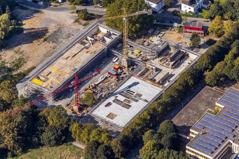 Aerial view, new construction, educational campus Unna, construction site Berliner Allee, Unna,