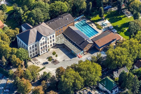 Aerial view, Katharinenschule Unna, Bornekampstraße, Freibad Bornekamp, Unna, Ruhr area, North