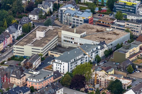Aerial view, remodelling Friedrichstraße, Hertie ruin, planned demolition, Velbert, Ruhr area,