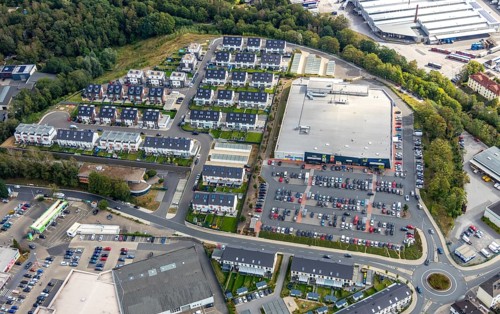 Aerial view, residential area Winkelstraße, shopping centre, upper town, Velbert, Ruhr area, North