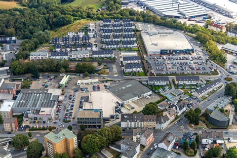 Aerial view, housing estate Winkelstraße, shopping centre, upper town, Velbert, Ruhr area, North