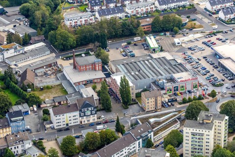 Aerial view, residential area Winkelstraße, shopping centre, upper town, Velbert, Ruhr area, North