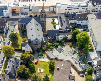 Aerial view, St. Marien Kirche, Kindertagesstätte St. Marien, Velbert, Ruhr area, North