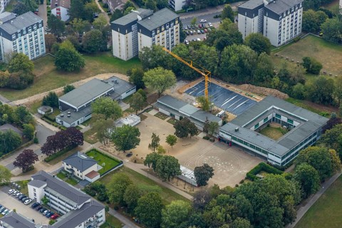 Aerial view, construction site Gerhart-Hauptmann-Schule, Städt. Community primary school,