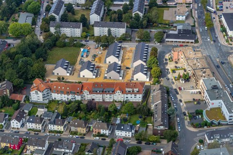 Aerial view, construction site new development area Zur Sonnenblume, Hardenberger Straße, Velbert,